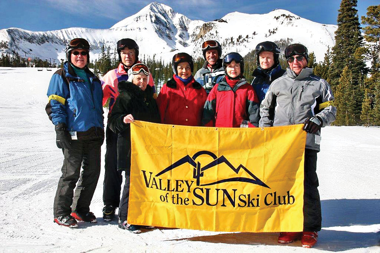 Left to right: Ted McGovern, Lynn Warren, Rose Geller, Carol and Jim Jarvis, Sheryl Henke and David Shenton and Lou Geller enjoying great conditions at Big Sky in February, 2016.