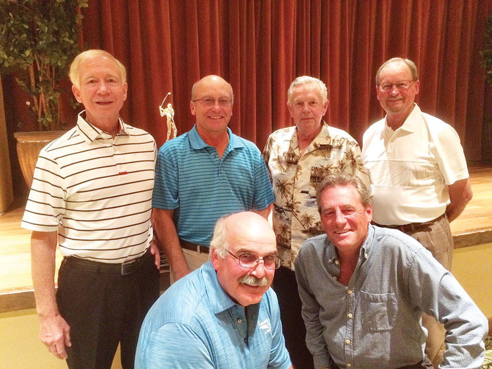 2017 Club Champ Flight Winners, back row left to right: Gregg Clymer, Frank Simons, Dave Modderman and Lloyd Chilton; front row: Wayne Fleming and Jim Tratz; not pictured Bill Koehn