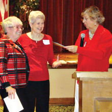 Outgoing 2014 officers MJ Smyrl and Charla Cupit are thanked for a job well done by PC Singles Club President Judy Shaffer, right. MJ served as vice president and membership chairman and was instrumental in designing the club’s attractive new membership brochure. Charla was secretary and will continue as a new member mentor.