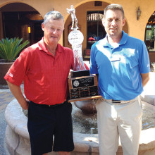 2015 PCMGA Club Champion Bill Volm (left) with trophy presented by Jason Whitehill
