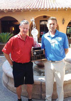 2015 PCMGA Club Champion Bill Volm (left) with trophy presented by Jason Whitehill