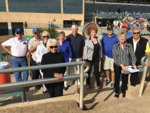 PCM9GA members and guests gather near track prior to PCM9GA sponsored third race. Left to right: Bruce Hulbert, Doug Wainwright, Sherry Wainwright, Margaret Hulbert, Lila Garner, Bob Garner, Kathy Eckert, Dave Eckert, JoAnne Clements, Randy Prinz and President of PCM9GA Ray Clements