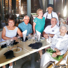 Le Cercle Français members are welcomed by Chef Aurore. From left: Linda Rossetto, Bill Rossetto, Diane Larochelle, Vogue Chef Aurore, Louis Larochelle and Simone Jacobs