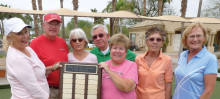 Bocce Association President Cheryl Kasselmann awards the Grand Championship Trophy to the Wednesday Bocce League First Place Team Bada Bing players (left to right): Dick Gwilt, Gail Davidson, John Brnabich, Captain Carol Gwilt, Klara Fuerstenau and Muriel Milewski. Bada Bing defeated the Bocce Bandits, the Friday League’s first place team in playoffs held on March 18.