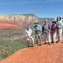 Left to right: Les Reister, Jim Gillespie, Gary Bray, Beverly and Ed Kim and Lynn Warren (photographer) high on the Hangover Trail with Midgely Bridge and Wilson Mountain in the background.