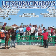 At our annual Day at the Race on Monday, April 13, 2015, PebbleCreekers from the Italian American Club, Irish American Club, the Shalom Club and the Bocce Club are featured in this picture with the winning horse Letsgoracingboys.