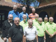 Left to right, back row: Pete Gilbert, Ron Hansen, Gregg Clymer; middle row: Duane Homan, Jerry Monk, Steve Straley, Paul Metivier; front row: Lyman Gallup, Joe Manzi, Jerry Treece, John Krasnan