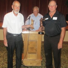 PCM9GA Award Club Championship Tournament presentations: Bill Schroeder (Flight A winner accepting trophy for Low Gross Champion Mike D’Onofrio who could not attend event; President Ray Clements and Randy Prinz – Low Net Club Champion