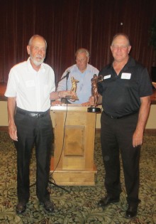 PCM9GA Award Club Championship Tournament presentations: Bill Schroeder (Flight A winner accepting trophy for Low Gross Champion Mike D’Onofrio who could not attend event; President Ray Clements and Randy Prinz – Low Net Club Champion