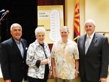 The PAC Backstage Expansion team introduces the Build the Backstage thermometer to chart the heat generating the fundraising goal of $100,000. Left to right: Jeff Buda, Carolyn Weese, Bill Palmer and Ray Hadden