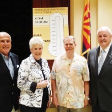 The PAC Backstage Expansion team introduces the Build the Backstage thermometer to chart the heat generating the fundraising goal of $100,000. Left to right: Jeff Buda, Carolyn Weese, Bill Palmer and Ray Hadden