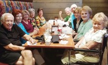 Enjoying Happy Hour at Black Angus Restaurant are PC Singles Club members, left to right: Jim Bryce, Elizabeth Stelton, Marion Ellison, Charla Cupit, Anita Asp, Tom Bashwiner, Ray Jones, Anna Marie Petrie, Marie Judice and Lois Hayden.