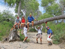 Left to right: Clare Bangs, Marilyn Reynolds, Bill Halte, Ed Bobigian, Pete Williams and Lynn Warren (photographer) at an interesting attraction near the Blue Wash trailhead.