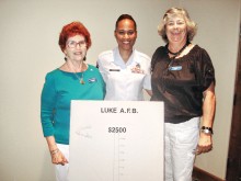 Project Warmheart at Luke Air Force Base is chaired by MSGT Brandy Rucker, center, who spoke to the PC Singles Club in September. With her are PC Singles President Judy Shaffer, right, and member Elizabeth Stelton, left. Project Warmheart and the Homeless Youth Connection are the two charities supported by the club in 2015.