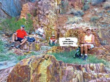 Left to right: Ed Bobigian, Bill Halte, Pete Williams and Marilyn Reynolds enjoying a leisurely lunch on the colorful rocks in Black Canyon Wash at Bumble Bee.