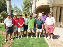 All Winners – August 13 PCM9GA Shamble Tournament, left to right: Doug Wainwright, Clay Troxell, Frank Hylton, Erv Stein, Bruce Hulbert, Doug McKenzie, Frank Rodgers, Mike D’Onofrio and Bob Caldwell; not in photo, Many Maciel, Rob Risden, Chris Jeans