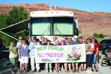 L/R: Betty East, Mike Zeman, Cher Zeman, Jamie Slack, Phil Batton, Jim East, Deanna Slack, DK Loo, Pam Loo, Bill Van Trump, Barb Van Trump, Judy Ashby, Marcia McCubbin, Stan Ashby, Don Van Trump, Gary Hunt, Cheryl Hunt, Kathryn Sarter with Gabbie, Theodore Allen Blaine, & Debra Jeanne (Dunn) Blaine at the Portal RV Resort, Moab, Utah.