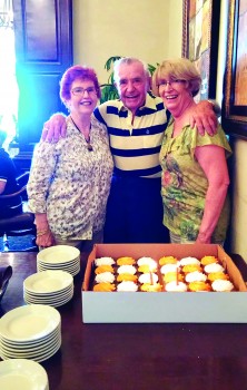 90 years young. Jerry Kverka was honored by fellow members of the PebbleCreek Singles Club at a surprise birthday luncheon on September 29 in the Eagle’s Nest Dining Room. Offering their congratulations to the new nonagenarian are Elizabeth Stelton, left, and Marion Ellison.