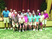 Summer Survivor First Place, Closest-to-the-Pin and Putting Contest Winners, row one, left to right: Mike Park, George Marlow, Jane Richards, Parry Green, Patti Halbmaier, Lorna Lincoln, Mary Neeley; row two: Mike D’Onofrio, Jeff Horan, Robert Newell, Carolyn Suttles, Jim Halbmaier, Bob Caldwell, Vicky Ray, Larry Haiflich, Lou Cerri; not in photo, John Stergulz, Pat Hallacy