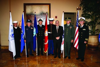 Color Guard, left to right: Art Day, Coast Guard; Ron Lord, Air Force; Ken Semmler, Navy; Mathew Bishop, Marines; Sherrif Joe Arpaio; Gene Mahler, Army; Charlie Kice, Navy