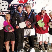 USAPA Medalists 70+ Mixed Doubles from left are Marc Reinhart, Alice Tym (Silver); Bob Youngren, Marylou Furaus (Gold); Paul Hawkes and Rosi Pietromonaco (Bronze)