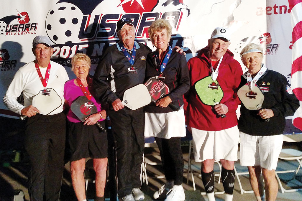 USAPA Medalists 70+ Mixed Doubles from left are Marc Reinhart, Alice Tym (Silver); Bob Youngren, Marylou Furaus (Gold); Paul Hawkes and Rosi Pietromonaco (Bronze)