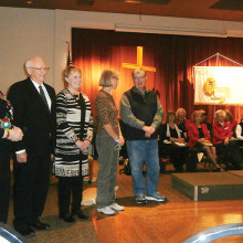 Left to right: Ken and Lenore Semmler, Barbara and Jim Grimm and Joe and Liz Arnold. Officiating is Pastor Dennis Kizziar.