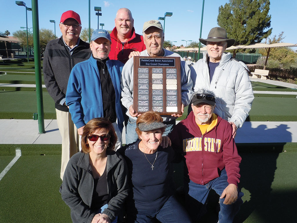 The Bocce Bandits emerged as the winner of the Day League Championship during the fall season. Left to right, first row: Vivian Klick, Captain Faye Ralph, Walt Hohlstein; Second row: Will Wright, Co-Captain John Cacciola and Marvin Feir; Top row: John Ralph and Mike Coombs