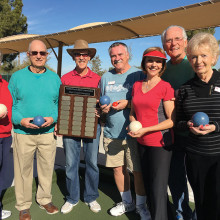 Fall Season Night League Champions, The Hare and Hounds, proudly show off their trophy. Left to right: Nancy and Kenny Hess, Captain Keith Charlesworth, Co-Captain Ray DuBois, Monika Charlesworth, Rick Reichenbach and Chris DuBois