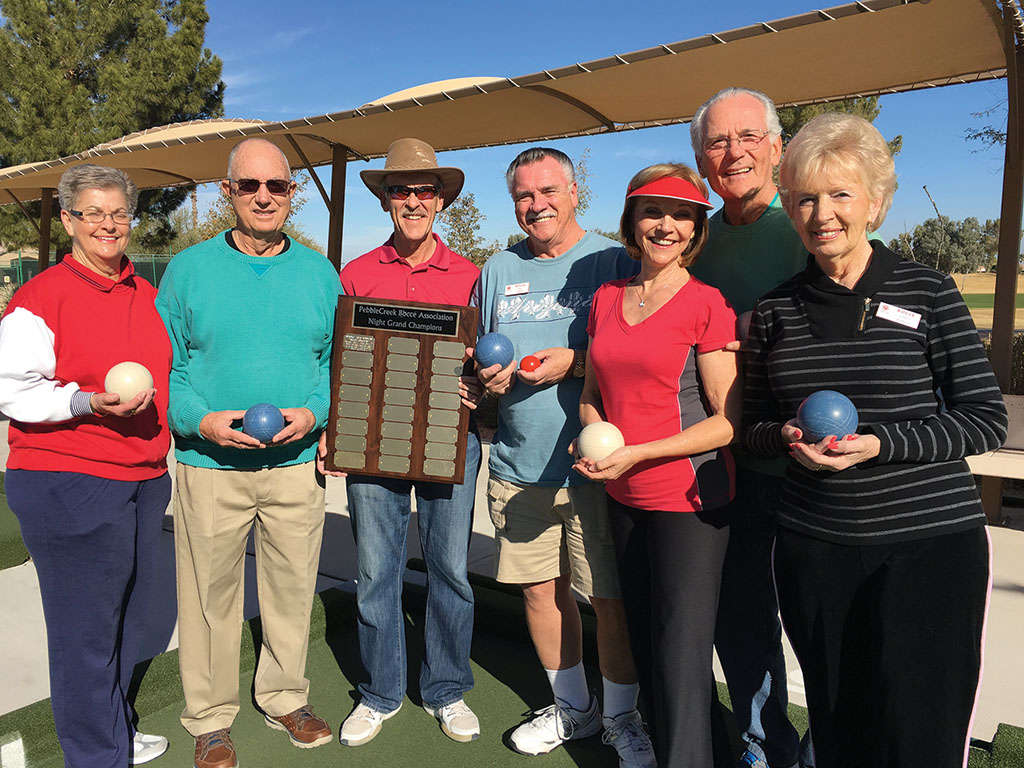 Fall Season Night League Champions, The Hare and Hounds, proudly show off their trophy. Left to right: Nancy and Kenny Hess, Captain Keith Charlesworth, Co-Captain Ray DuBois, Monika Charlesworth, Rick Reichenbach and Chris DuBois