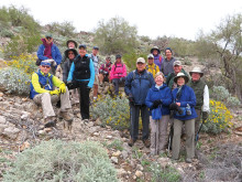 Front right, left to right: Kathy Sobocinski and Diane Doering; the rest: Lynn Warren (photographer), Pete Williams, Mark Frumkin, Dana Thomas, Nancy Love, Clare Bangs, Bill Halte, Marilyn Reynolds, Phil Sobocinski, Art Arner, Kay Thomas, Wayne Wills, Joe Clarkson and Glen Doering--combined “B” and “C” hikers meeting on the trail at Sunrise Mountain.