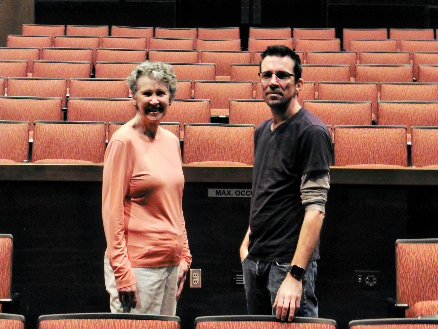 PC Players President Cathy Lindstrom and Tim Butterfield, Coordinator of EMCC’s Fine Arts Facilities, in the college’s new theater.