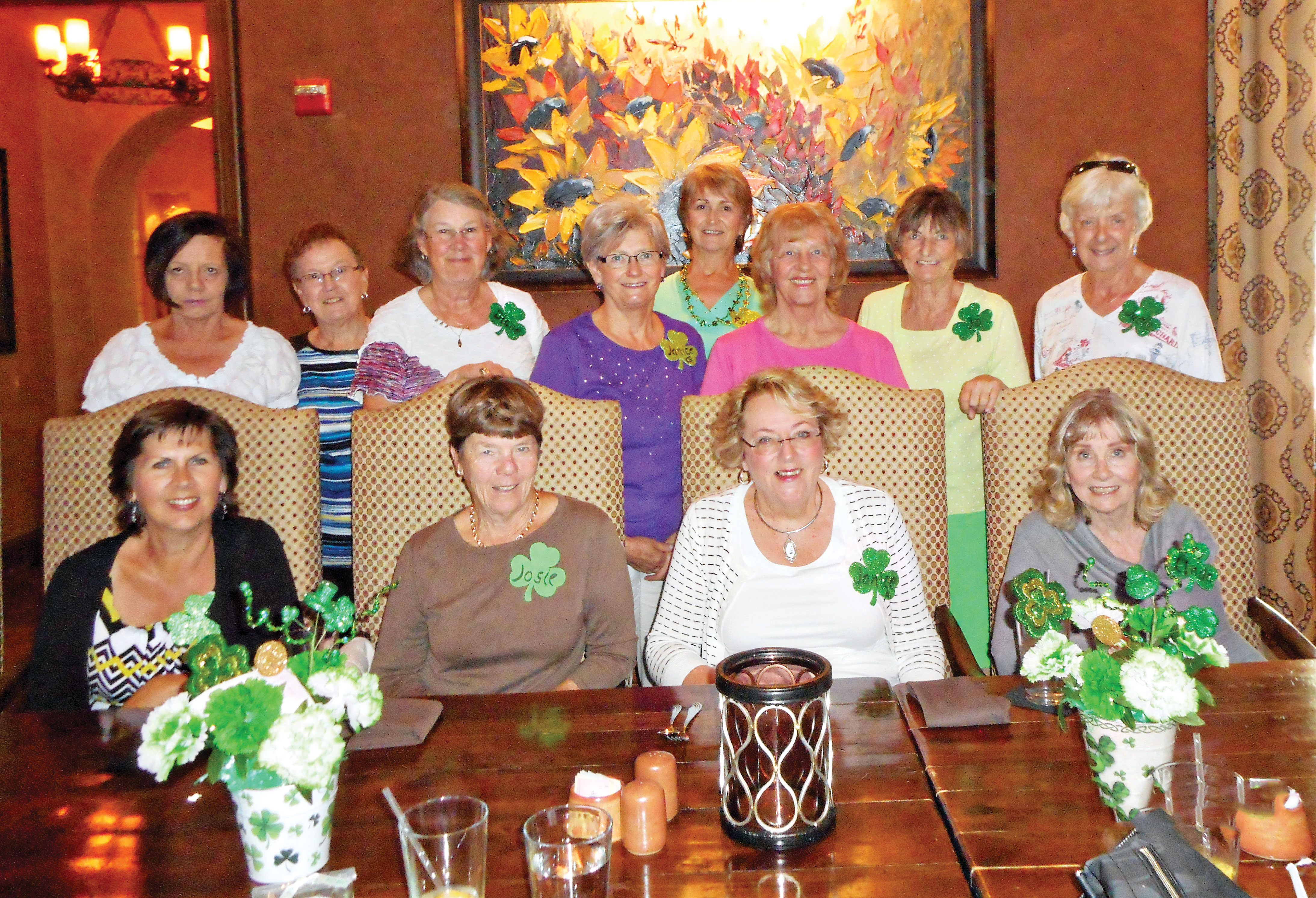 The luncheon celebration of St. Patty’s Day proved to be a very enjoyable get-together for all. Those in attendance were (top row, left to right) Arleane Dufray, Janell Jenson, Diane Buchanan, Janice Gerhardt, Esther West, Sharon Easton, Jo Thorsen and Judie Harden; (seated) Elna Friesen, Josie Montgomery, Janice Adamek and Linda Rouillard.