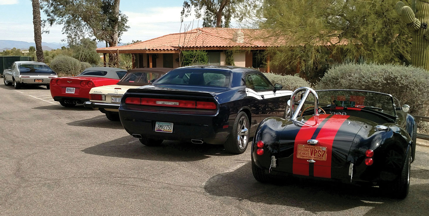 PebbleCreek Car Club members parked at Rancho De Los Caballeros Resort in Wickenburg after a picturesque drive through the desert.