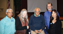 Bart Alford, Margaret Bender, Paul Bender, Bill Campbell and Irene Manalili share a photo op! Photo by Korzilius