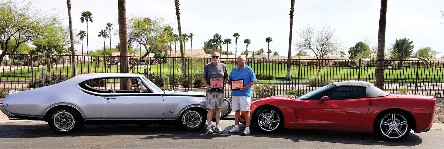 Larry Cabral and Bernie Babcock were awarded first and second place at the Sands All American Car Show. Larry won first place for his 1968 silver and black Hurst Olds in the 1960s category and Bernie won second place for his 2008 victory red Corvette convertible in the 2005 - 2013 Corvette category.