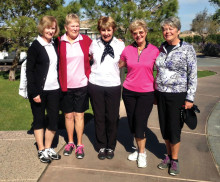 PCLGA members, left to right: Bev Clinton, Bobbie Jepsen, Sue White, Arlene Engelbert and Nan Perkins played in Robson Ranch’s Ladies Member Guest Tournament and all were winners.