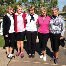 PCLGA members, left to right: Bev Clinton, Bobbie Jepsen, Sue White, Arlene Engelbert and Nan Perkins played in Robson Ranch’s Ladies Member Guest Tournament and all were winners.