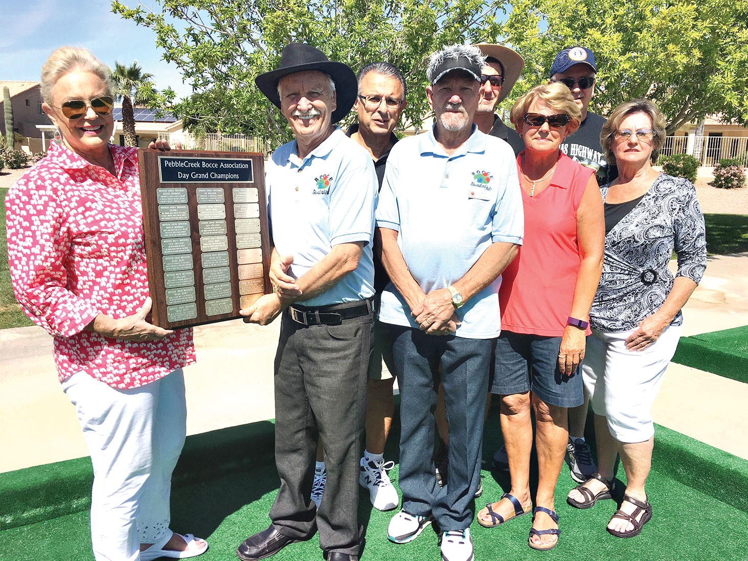 Winter Day League Grand Champion Thunderbirds, front row, left to right: President Cheryl Kasselmann, Captain Lloyd Smith, Co-Captain Ron Jacobs, Bev Loding and Ardys Smith; back row: Richard Squillace, Alex Potapoff and Bernard Blake