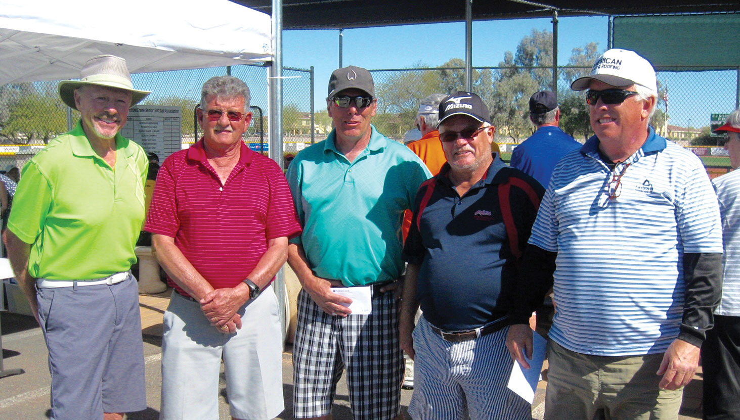 Closest to the Pin/Straightest Drive winners: Dean Bass, Norm Munger, Bill Wallschlaeger, Larry McMaster (West Valley Golf Cars) and Bob Brett (Straightest Drive)
