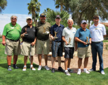 PCM9GA Champion Winners, left to right: PCM9GA President Ray Clements, Low Net Champion Marion Helton, Flight A Winner Bill Wagner, Flight B Winner Mike Davis, Flight C Winner Randy McConaughey, Flight D Winner Karl Wisser, PebbleCreek Director of Golf Jason Whitehill; not in photo: PCM9GA Low Gross Champion Rick Godwin