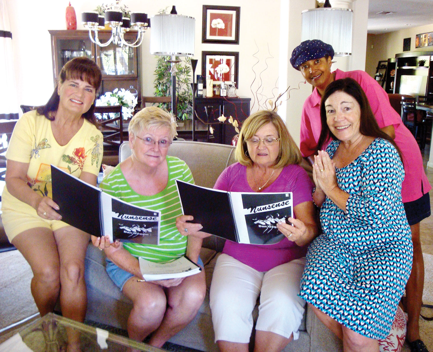 The cast of Nunsense doing a first read-through of their script, from left: Alice Lewis, Pat Ingalls, Judi Alonzo, Kathy Mitchell and Patrice Cole