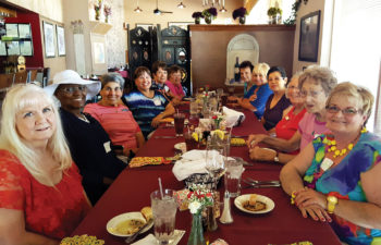 Front, left side, down to the end: Gail Montgomery, Claudine Zielinski, Rosemary DeAngelo, Norma Klinger, Jerry Serapo and Hostess Jackie Rice. Up the right side: Maureen Danner, Carolyn Rota, Yolanda Laborin, Elaine Yielding, Dale Kalvaitis and Shawnee Robison; photo taken by our lovely waitress Jackie O.