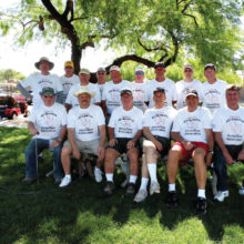 Showing off their new shirts emblazoned with All-America HorseShoe Association are, front row, from left: Jim Sulzer, Bob Ewest, Ted Ingalls, Paul Messina, Tom Bose and Frank Glowinski; back row: Doug Rollins, Steve Gramm, Doug Will, Jim Loeb, Bernie Babcock, Rich Tighe, Jeff Harper, Elliott Rudoy and Tim Irvin. Absent from the photo are regulars Ron Glynn, Vern Henrickson, Patricia Ingalls, Dave Kauchek, Ken Kopps, John McSwiggan, John Mitchell, Dick Oliver and Georgia Weinstein; photo by Paul Messina.