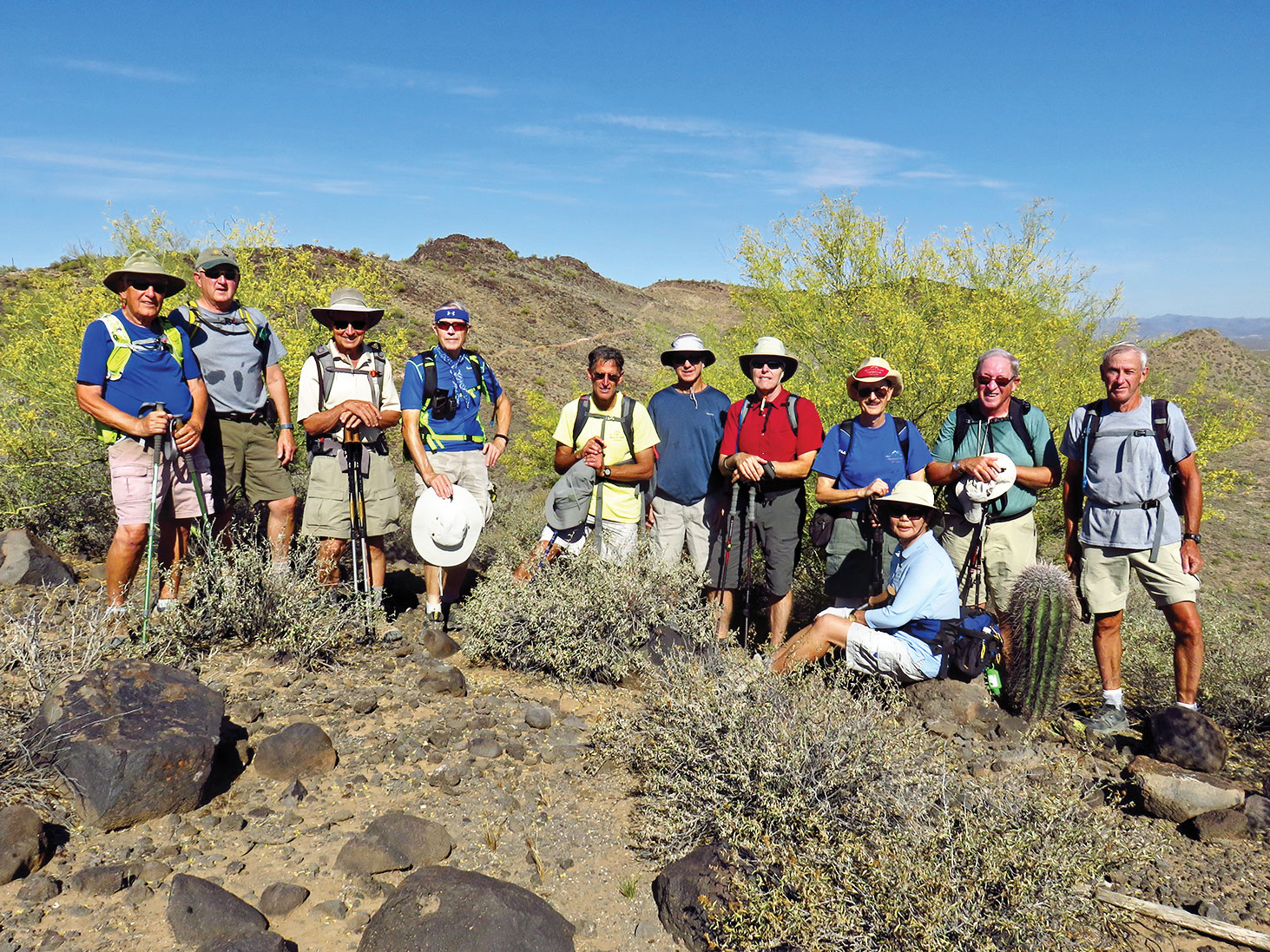 Left to right: Dennis Zigmunt, Roger Sanders, Art Arner, Lynn Warren (photographer), Mark Frumkin, Wayne Wills, Dana Thomas, Pete Williams (hike leader), Atsuko Arner, Joe Clarkson and Clare Bangs on the ridgeline in Deem Hills overlooking the valley.