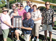 Bocce Bears 2016 Spring Day League Champions, left to right: Row 1: Bocce Association Statistician Carol Gwilt presents plaque to team members Bill Gavin, Captain; Row 2: Betty O’Con, Eleanor Cerny, Tony Monzo; Row 3: Dave O’Con, Kathy Weldon, Rudy Talts.; Row 4: Carole Leone, Joe Leone