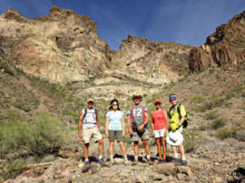 Left to right: Clare Bangs, Barb Boullear, Gary Bray, Marilyn Reynolds and Lynn Warren (photographer) in the morning sun on the south side of Saddle Mountain.