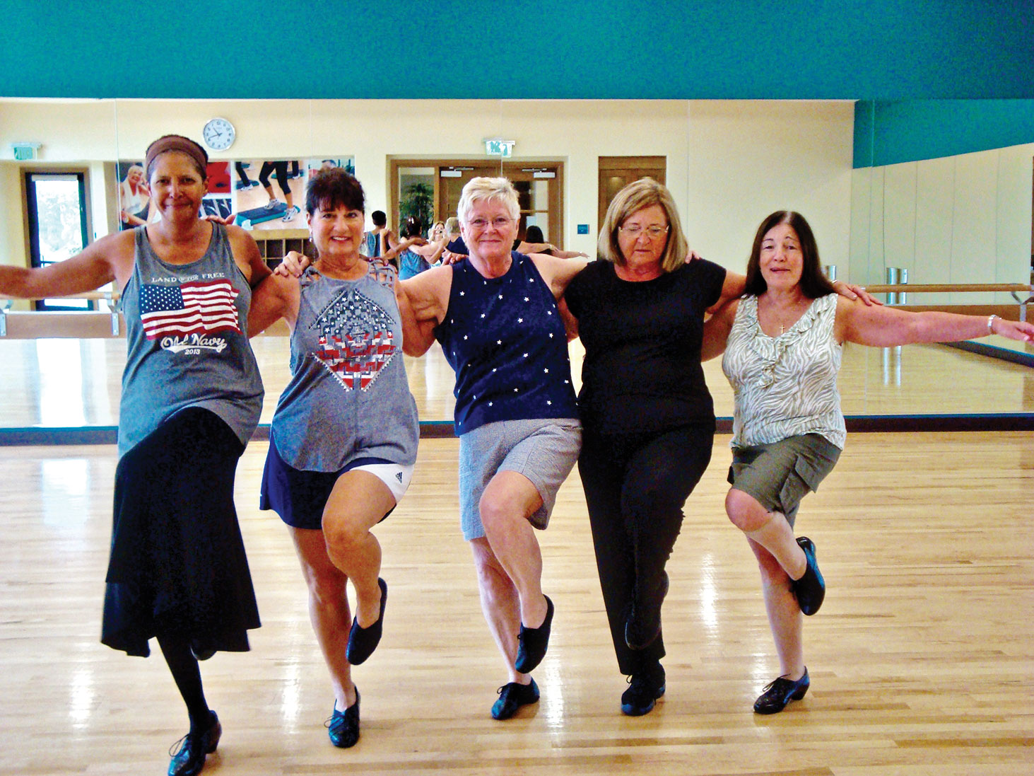 The nuns of Nunsense practice their steps. Left to right: Alice Lewis, Pat Ingalls, Judi Alonzo, Kathy Mitchell and Patrice Cole