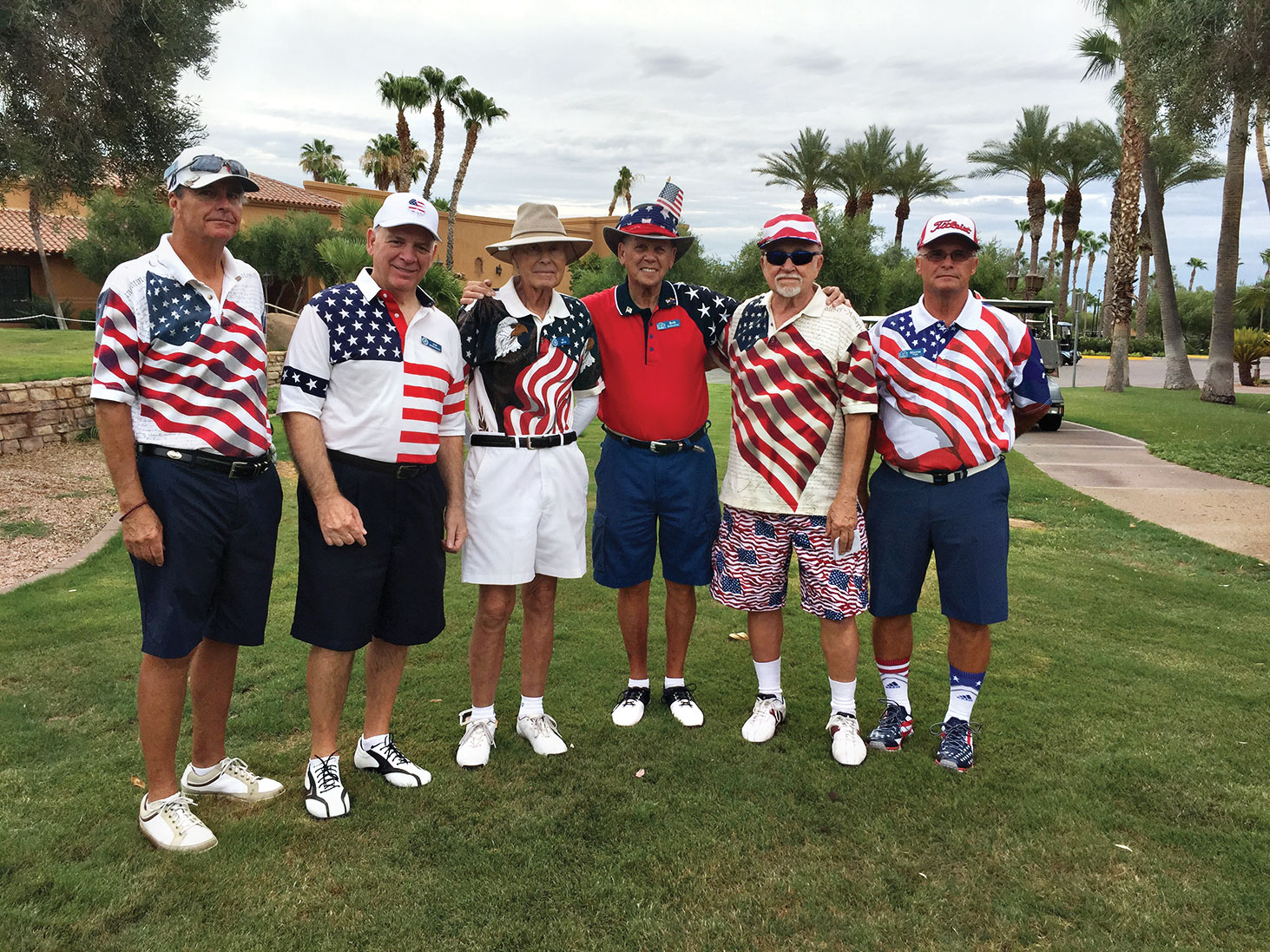 July 4 Costume Contest Participants – PCM9GA Red, White and Blue Tournament, left to right: Jeff Horan, Bob Mantucca, Ed White, Bob Schrader, Walter Hohlstein – Contest Winner Monte Page, president of PCM9GA