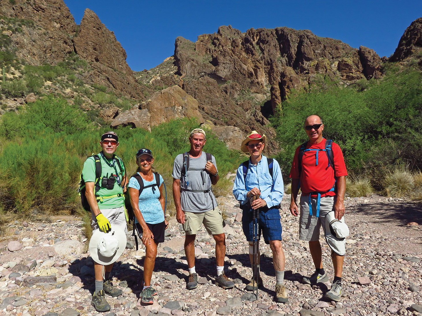 Left to right: Lynn Warren (photographer), Marilyn Reynolds, Clare Bangs, Pete Williams and Wayne Wills deep in a scenic canyon in the Goldfields, not far from Saguaro Lake.